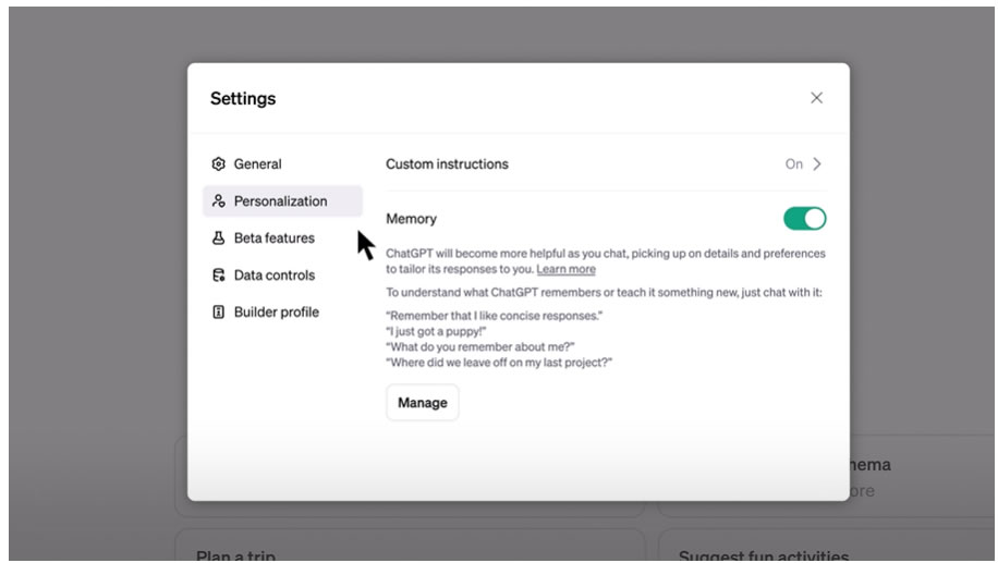 A screenshot showing the ChatGPT memory feature instructions